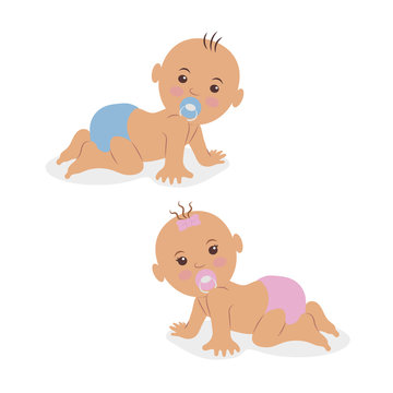 Two newborn babies crawling on all fours in diapers.