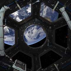 Earth planet in space ship window porthole