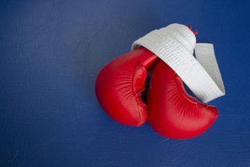 Red karate gloves, white belt on a blue gym mat