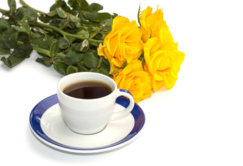 beautiful bouquet of yellow roses and cup of coffee, isolate