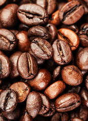 Brown coffee beans, close up of coffee beans for background and