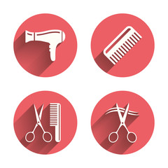 Hairdresser icons. Scissors cut hair symbol.