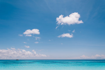 blue sky with sea and beach - soft focus with film filter