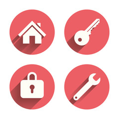 Home key icon. Wrench service tool symbol.