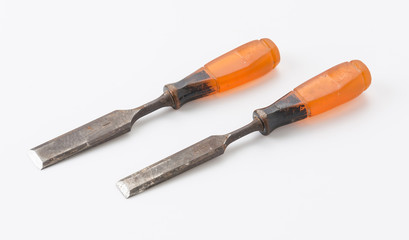 chisel with wood on white background