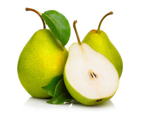 Ripe green pears isolated with leaves isolated