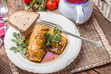 Dish of cabbage stuffed with meat.