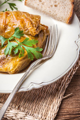 Dish of cabbage stuffed with meat.