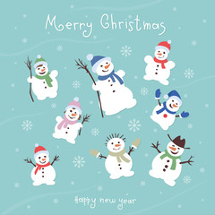 Cute and funny snowmen. Template Christmas cards. vector illustr