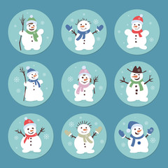 Cute and funny snowmen. Christmas illustrations. Vector set icon