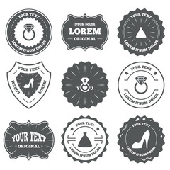 Wedding dress icon. Women's shoe symbol.