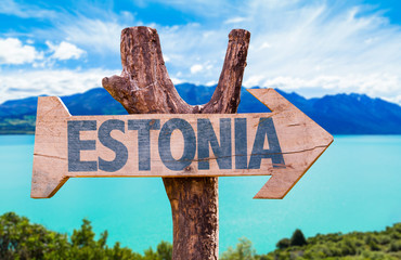 Estonia wooden sign with lake background