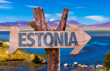 Estonia wooden sign with lake background