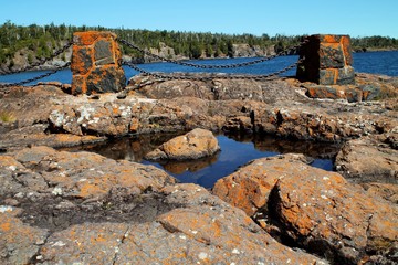 Rock formation at Gooseberry Falls State Park along the shoreline of Lake Superior, Minnesota's North Shore.