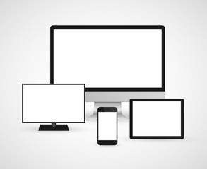 Modern technology devices computer monitor, digital tablet and mobile phone. Isolated on white background.