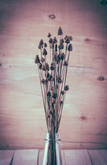 dry grass flower on wood background - soft focus with vintage fi