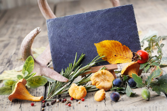 Autumn food background   -  Blank chalkboard decorated with antlers, mushrooms, herbs and spices