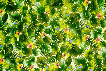 texture fabric Vintage Hawaiian parrot and leaves for background