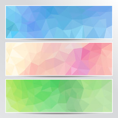 Set of bright polygon style geometric banners. Collection of background patterns and headers in green, purple, pink and blue color.