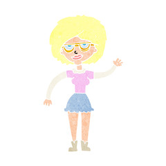 cartoon waving woman wearing spectacles