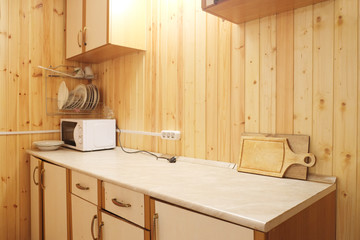 the interior of the kitchen in the hotel