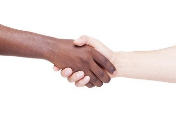 Image of a caucasian and african man shaking hands, isolated on