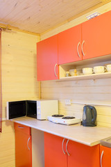 the interior of the kitchen in the hotel