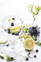 Detox water cocktail,blueberry ,lime, lemon and ice.selective focus