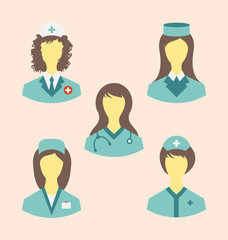 Icons set of medical nurses in modern flat design style