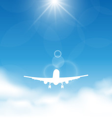 Naklejka na ściany i meble Blue sky and clouds with flying airplane