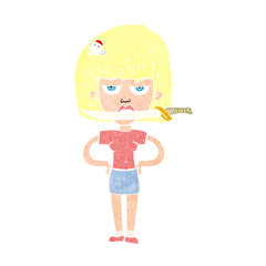 cartoon woman with knife between teeth