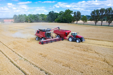 Combines and tractors working on the wheat field