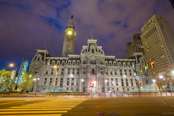 Philadelphia historic City Hall building at twilight