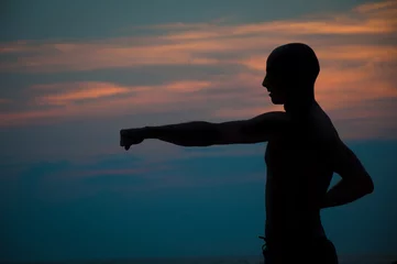 Fotobehang Sunset silhouette of a man practicing martial arts © disq