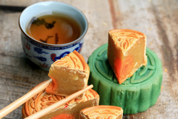 Festival moon cake and hot tea - Chinese cake