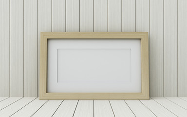 Realistic picture frame on wood background.