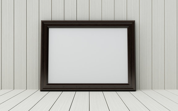 Realistic picture frame on wood background.