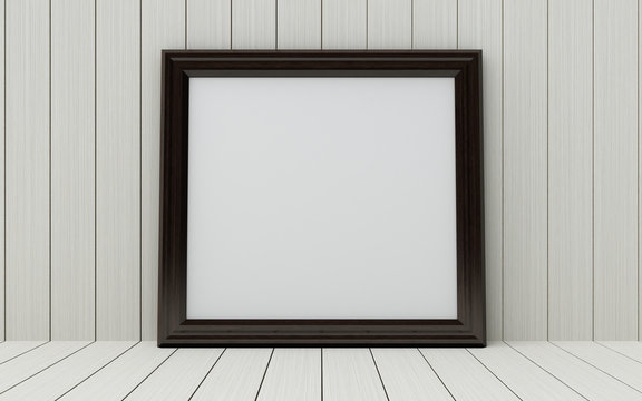 Realistic picture frame on wood background.