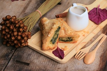 tasty puff spinach pie and soybean milk