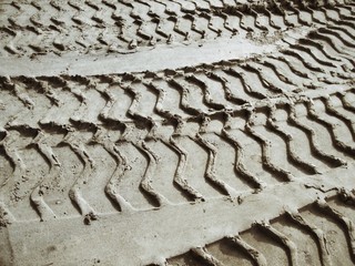 Wheel tracks on the soil.