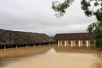 Houses submerged in water in the flood zone in Gia Vien District, Ninh Binh Province, Vietnam.