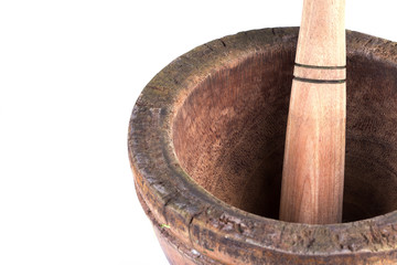 wooden mortar and pestle isolated on white background