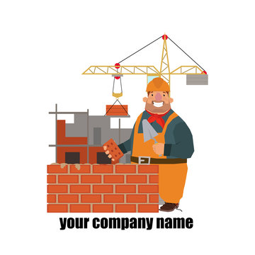 builder vector logo design template. builder on the background of building under construction and a construction crane holding a brick and tools.