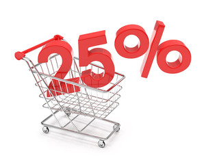 discount 25%, shopping cart on white background. 