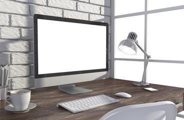 Fototapeta premium 3D illustration PC screen on table in office, Workspace