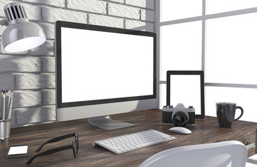 Fototapeta premium 3D illustration PC screen on table in office, Workspace