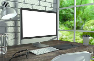 Fototapeta premium 3D illustration PC screen on table in office, Workspace