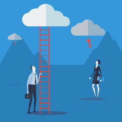 Businessman look up a ladder to cloud. Vector Illustration Business concept a ladder Corporate of success.