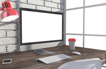 3D illustration PC screen on table in office, Workspace