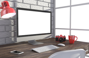 3D illustration PC screen on table in office, Workspace